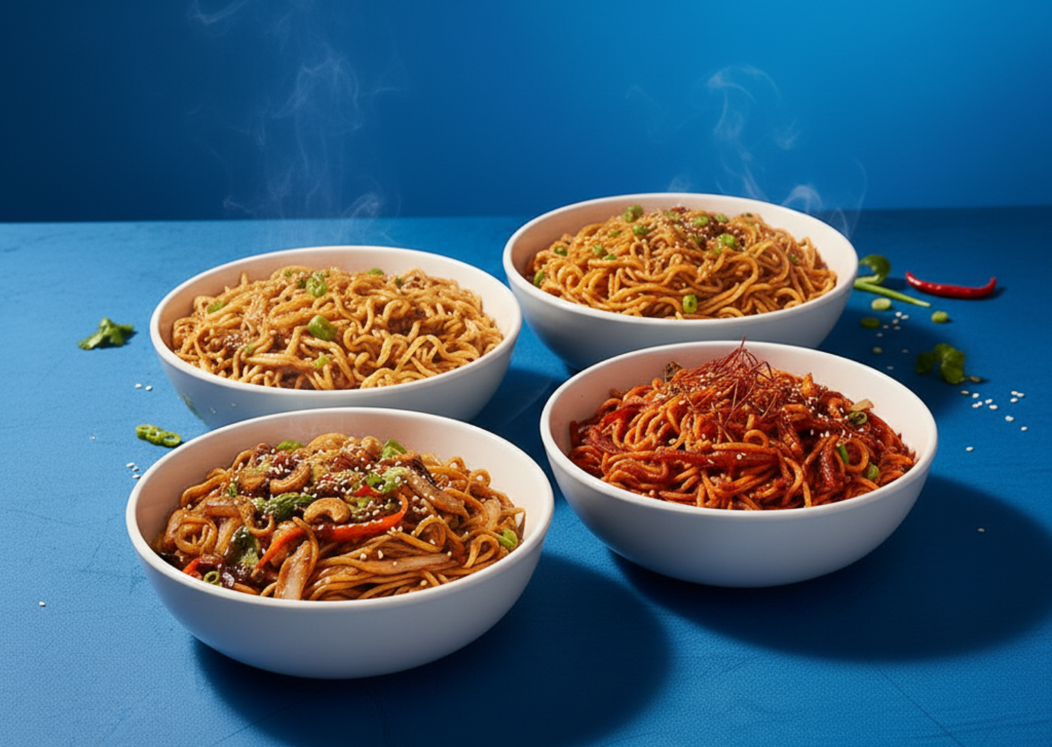 Four bowls of noodles styled with different sauces, spices, and toppings on a bright blue background