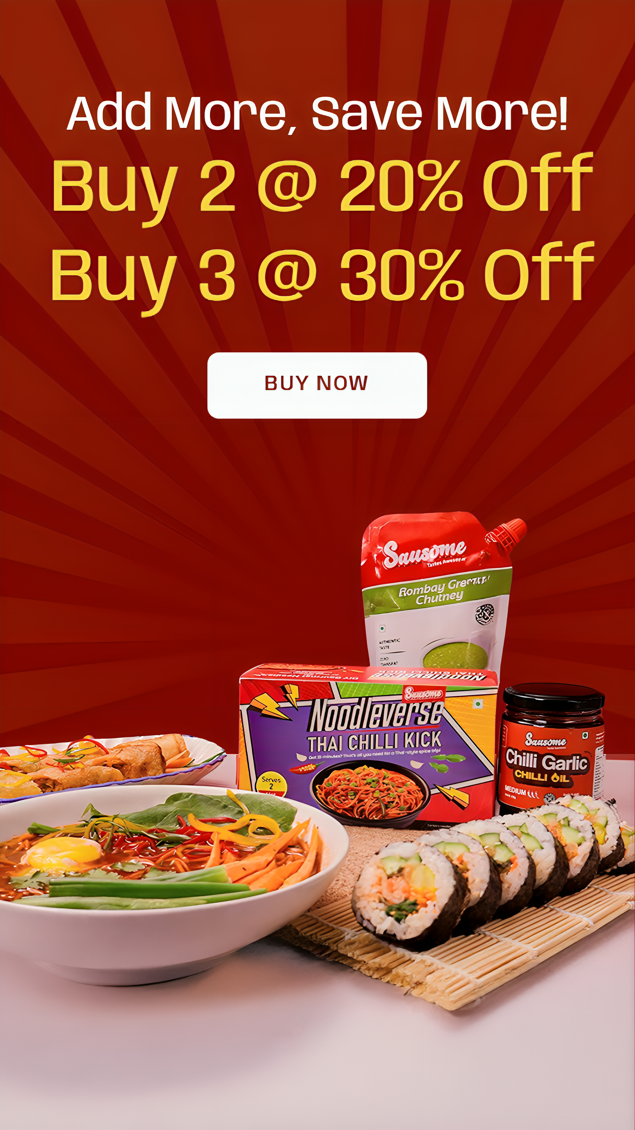 Promotional banner highlighting chilli oil and meal kits with buy 2 save 20% and buy 3 save 30%