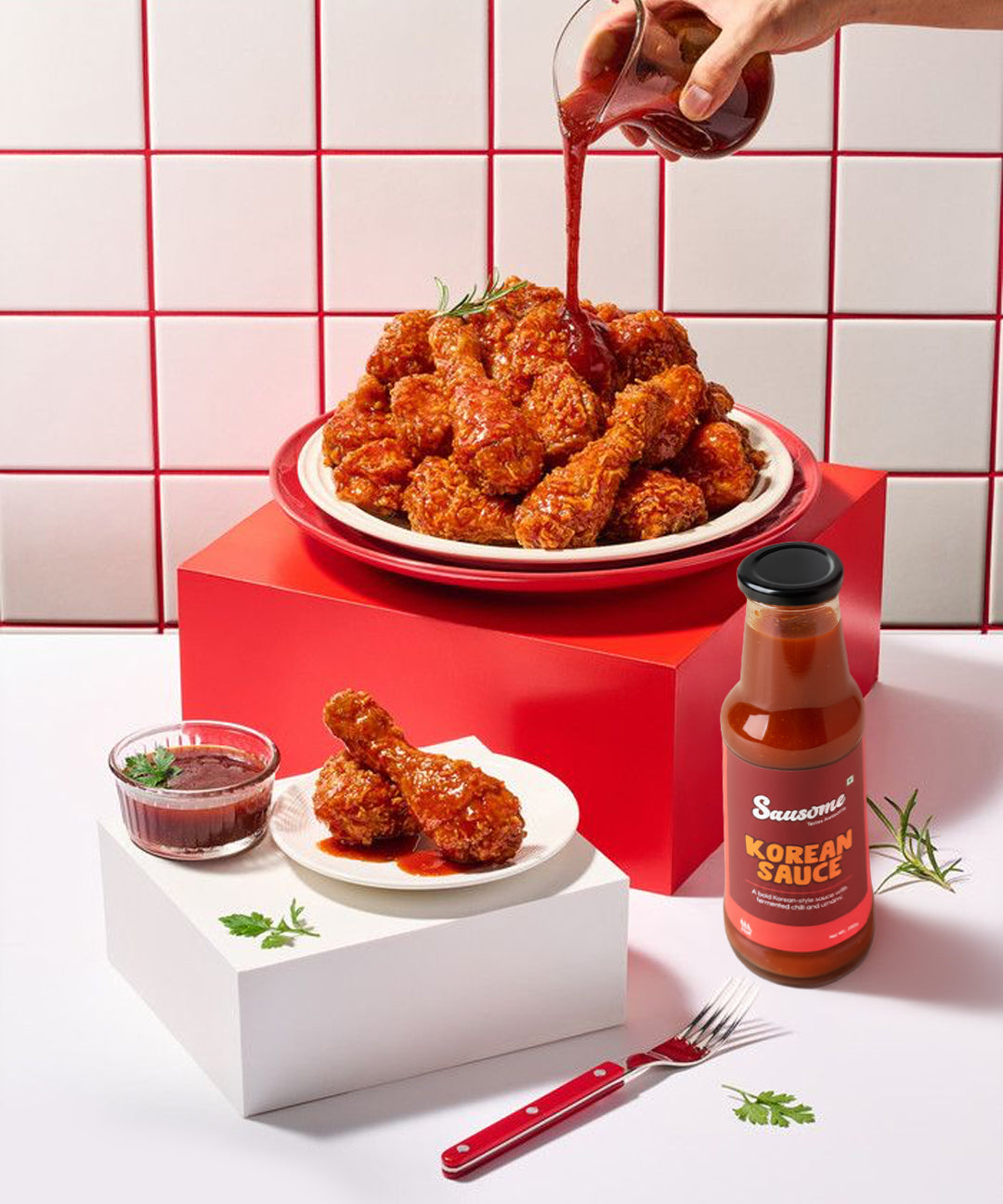 Korean fried chicken with sauce being poured over it, accompanied by a bottle of sauce on a red and white checkered background.