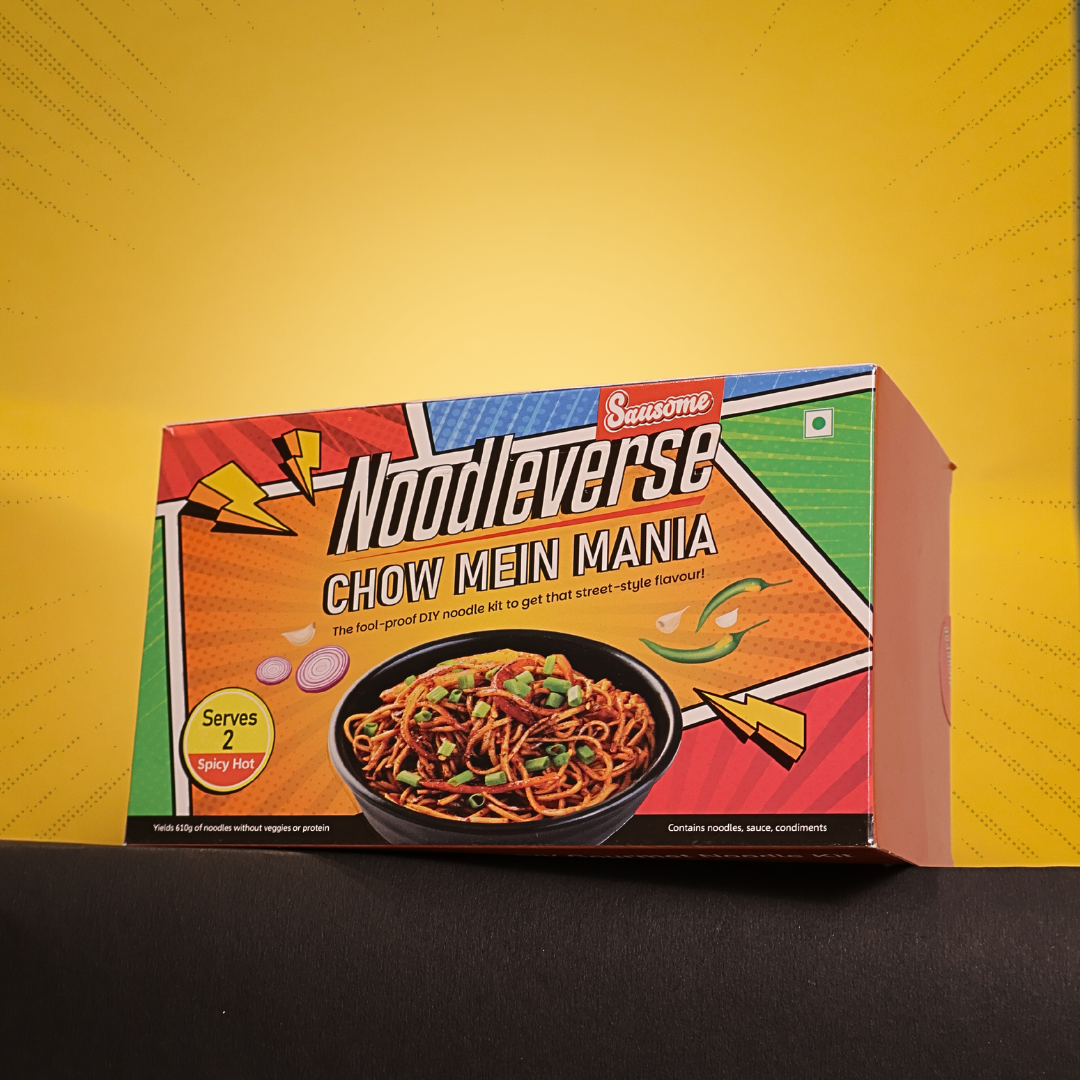 Noodlaverse Chow Mein Mania packaging on a yellow and black background