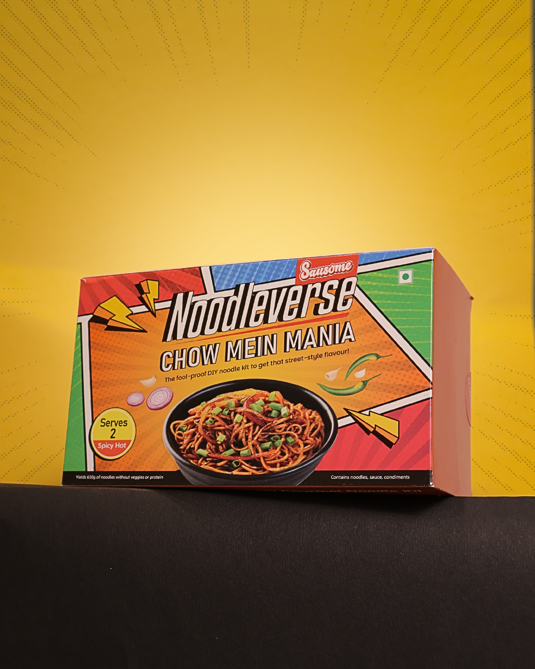 Noodlaverse Chow Mein Mania packaging on a yellow and black background