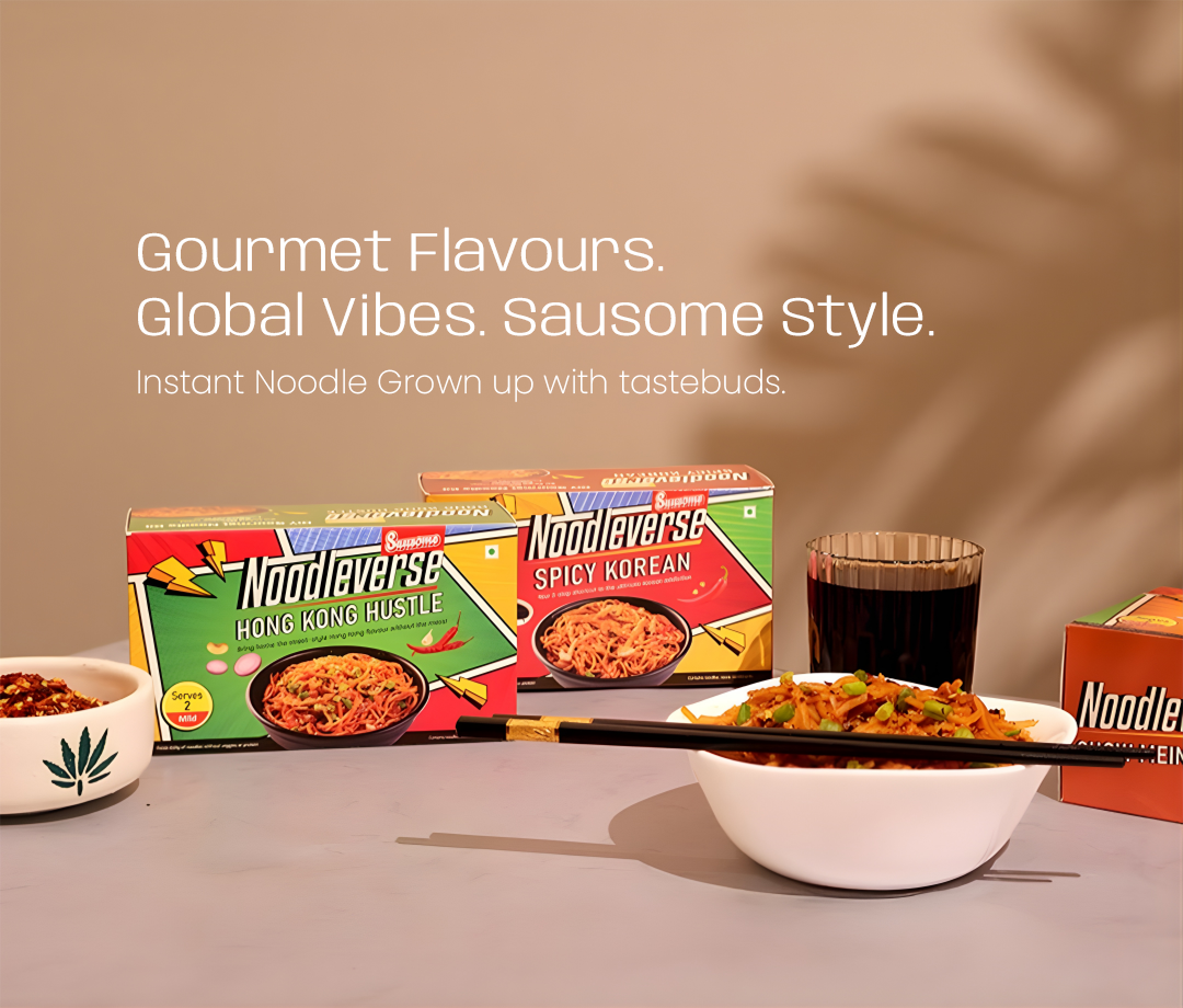 Noodle packages and bowls of noodles on a neutral background.