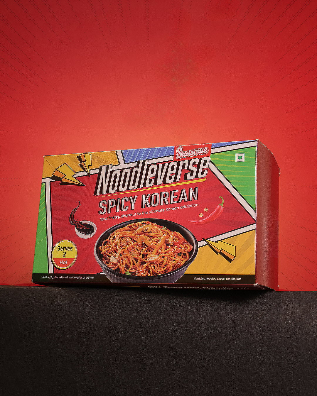 Box of Swad Noodlevsre Spicy Korean noodles on a red and black background