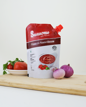 Sausome pizza and pasta sauce packaging on a wooden board with tomatoes and onions.